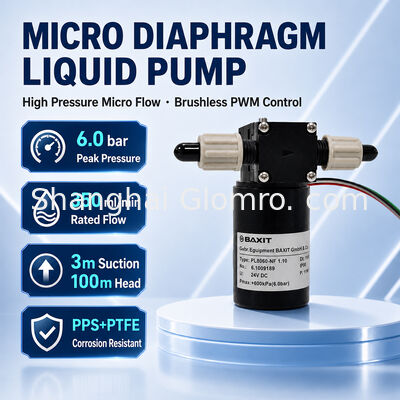 Pompa a membrana brushless BAXIT PL8060-NF1.10 12V/24V Controllo velocità PWM PTFE resistente ad acidi/alcali Pompa ad alta pressione 6 Bar
